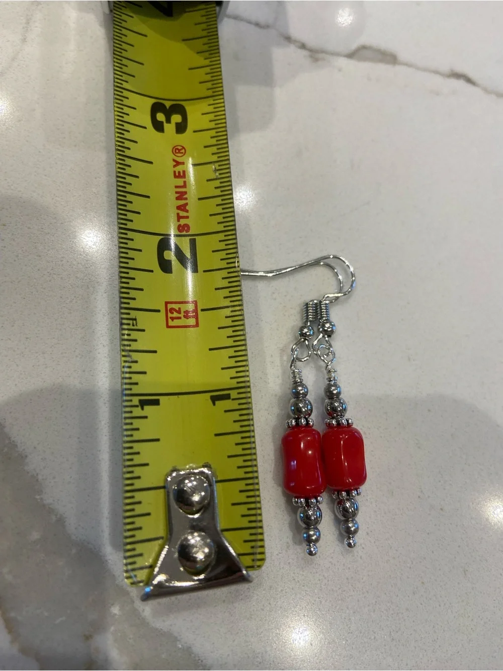 Stainless Steel & Red Coral Dangle Earrings - Picture 4 of 4